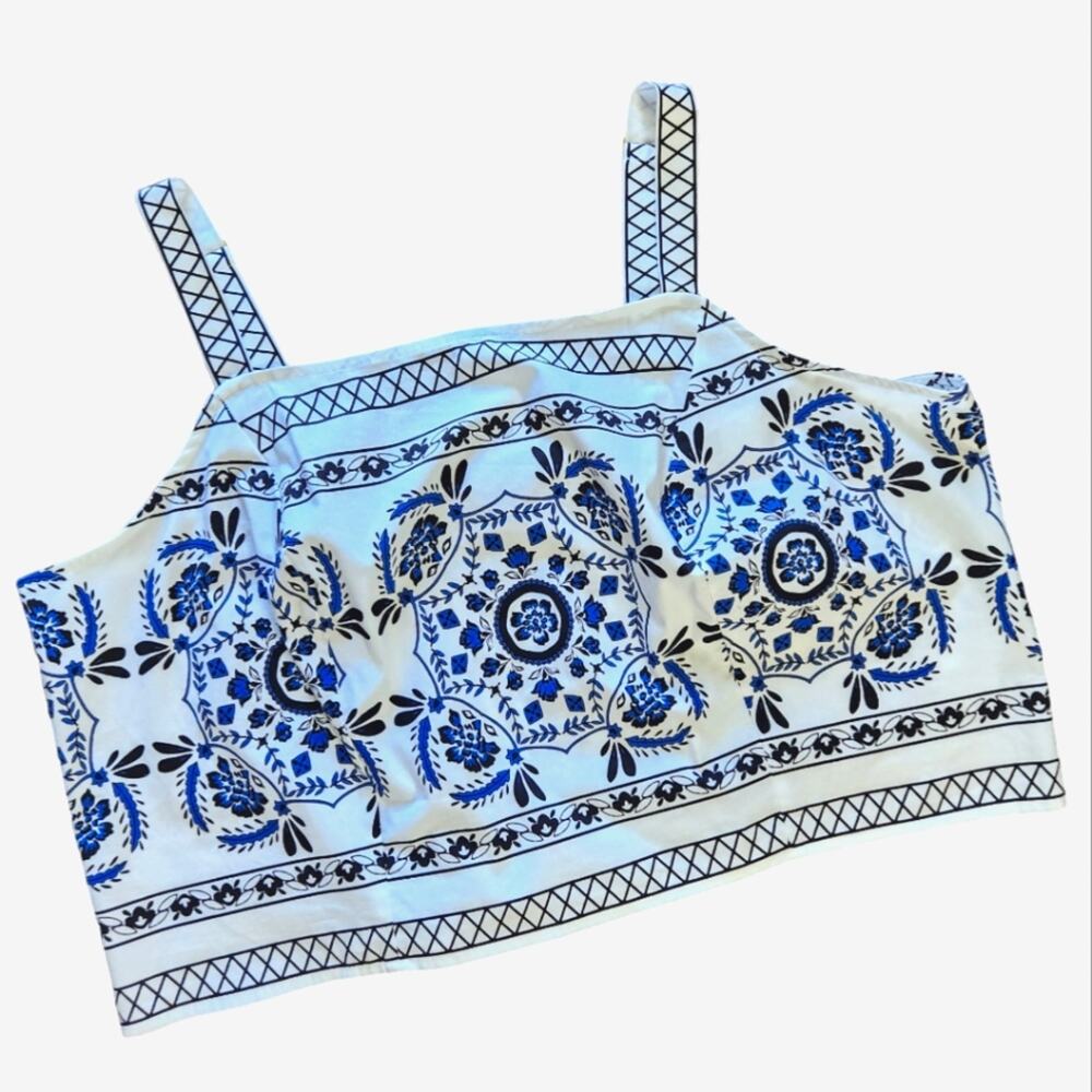 Blue & White Printed Crop Tank Top